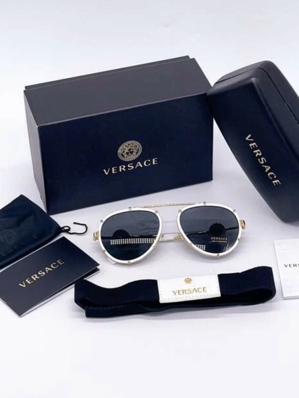 New Versace VE2232 147187 White and Gold Aviator Sunglasses Authentic - Picture 10 of 15